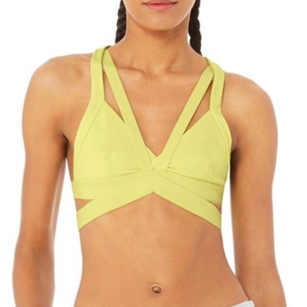 Alo Yoga Nadi Sports Bra Women Size S Neon Yellow Strappy V-Neck Activewear